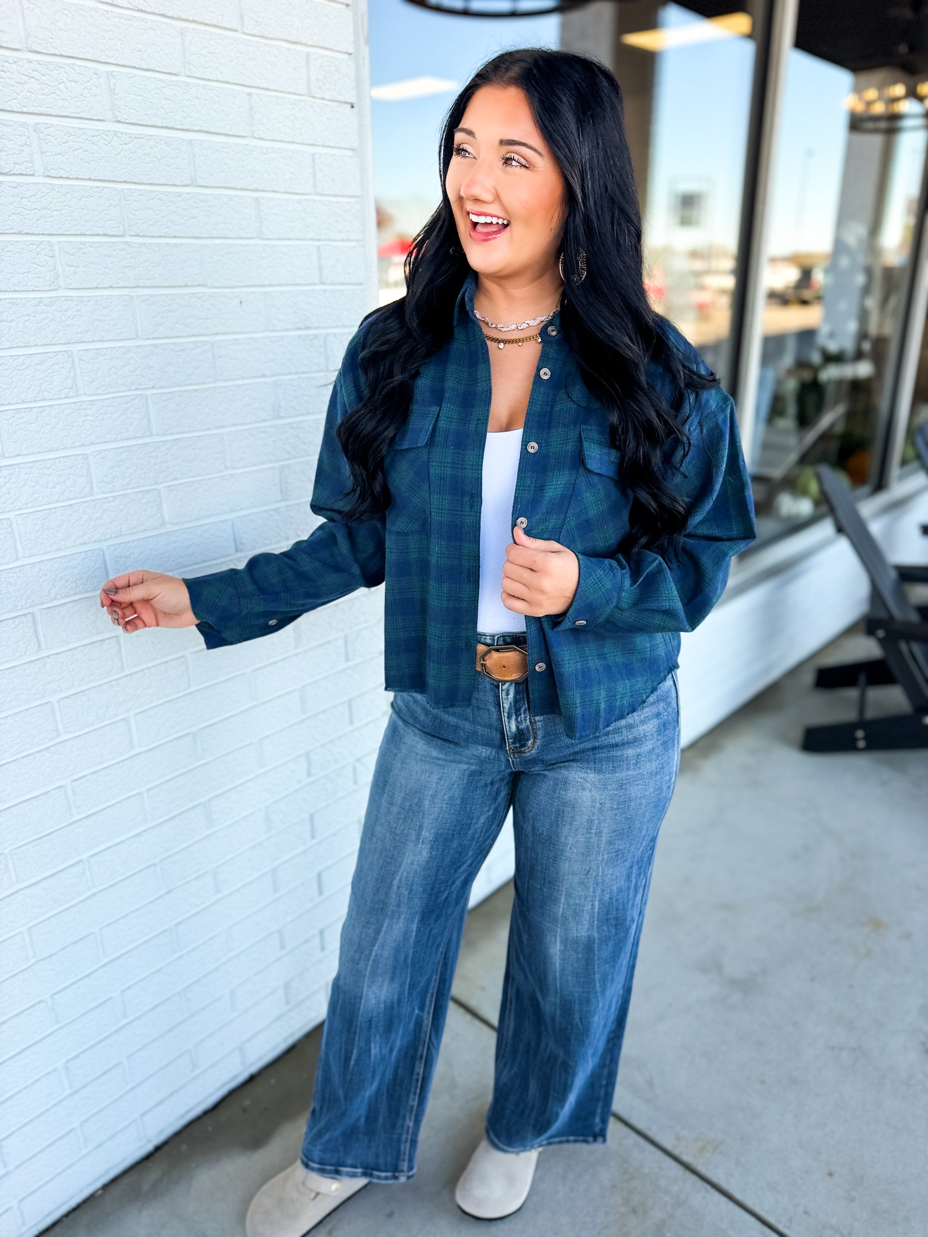 Plaid Raw Edge Cropped Button Up Shirt - Navy Combo - Lace and Grace Boutique
