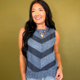 Chevron Color Block Denim Ruffle Hem Tank Top