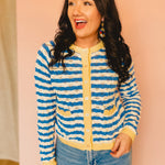 Wavy Striped Contrast Sweater Cardigan - Blue/White - Lace and Grace Boutique