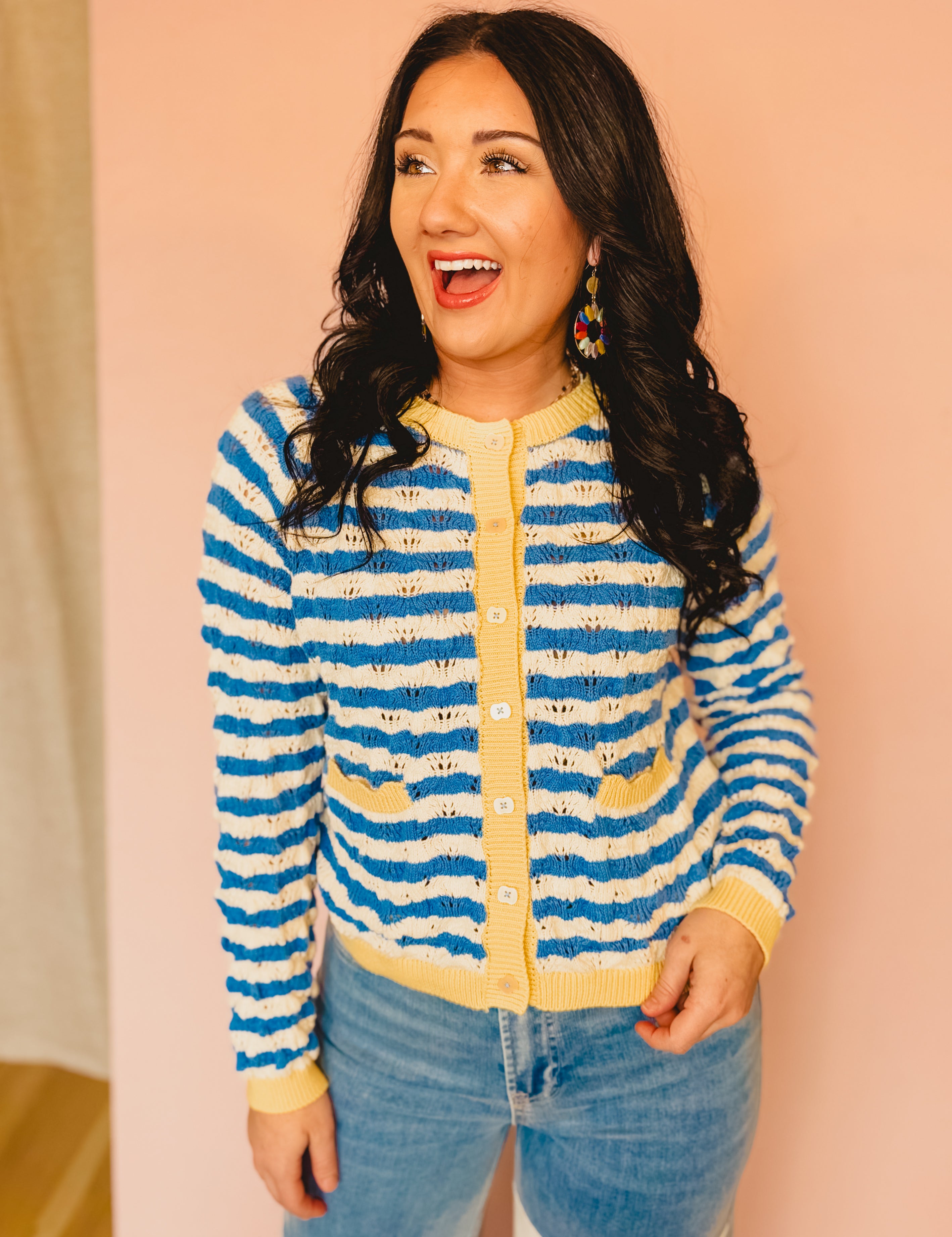 Wavy Striped Contrast Sweater Cardigan - Blue/White - Lace and Grace Boutique
