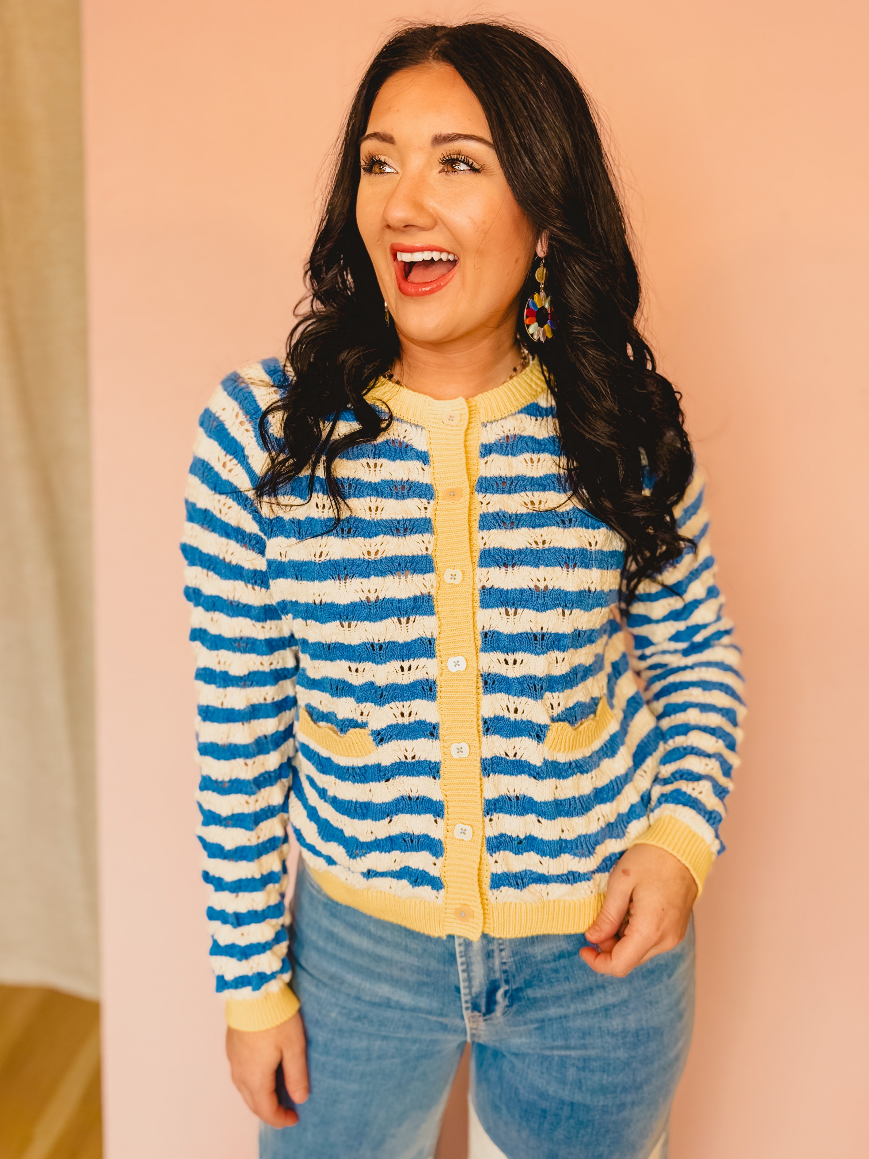 Wavy Striped Contrast Sweater Cardigan - Blue/White - Lace and Grace Boutique