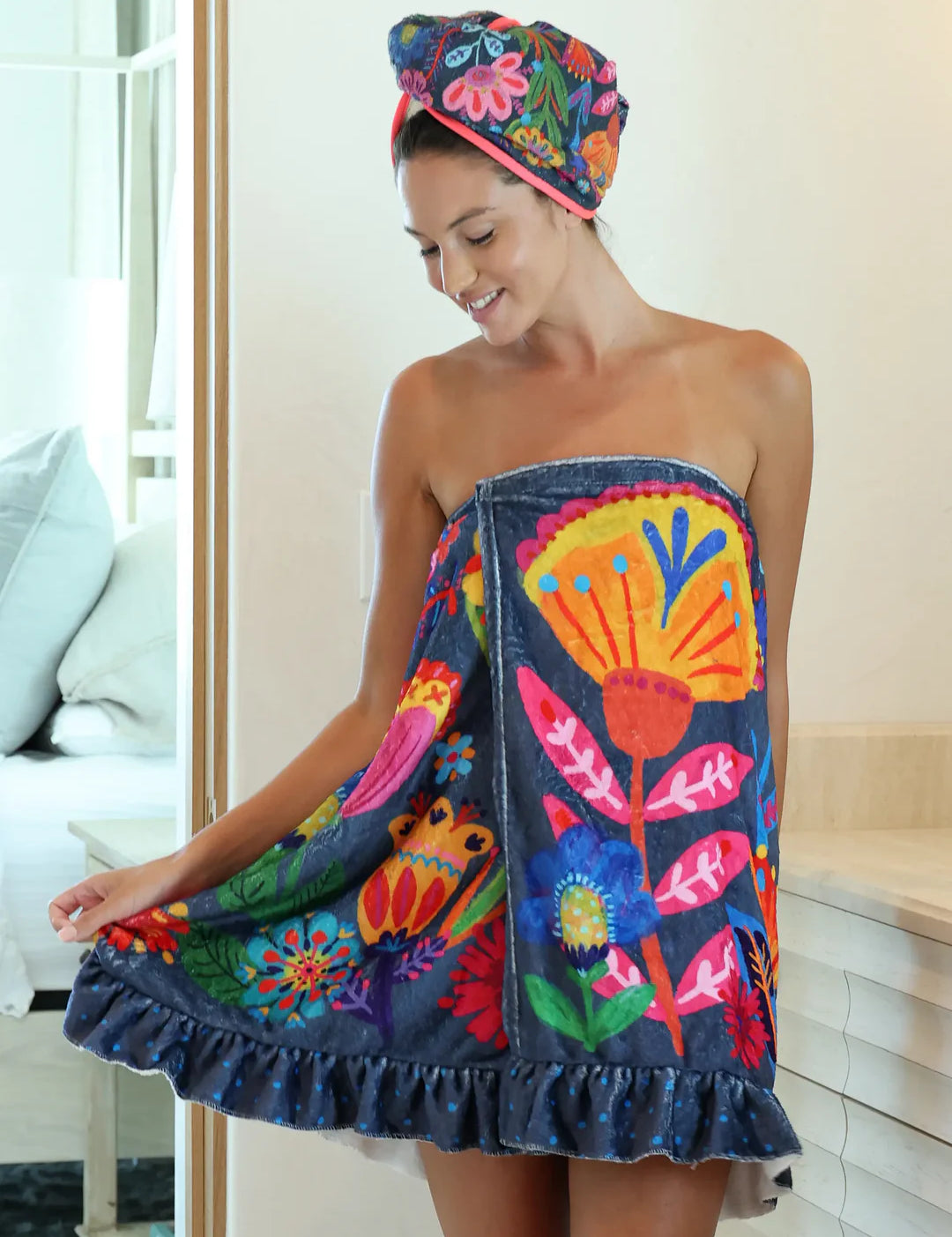 Natural Life Towel Wrap - Navy Folk Flower - Lace and Grace Boutique