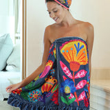 Natural Life Towel Wrap - Navy Folk Flower - Lace and Grace Boutique