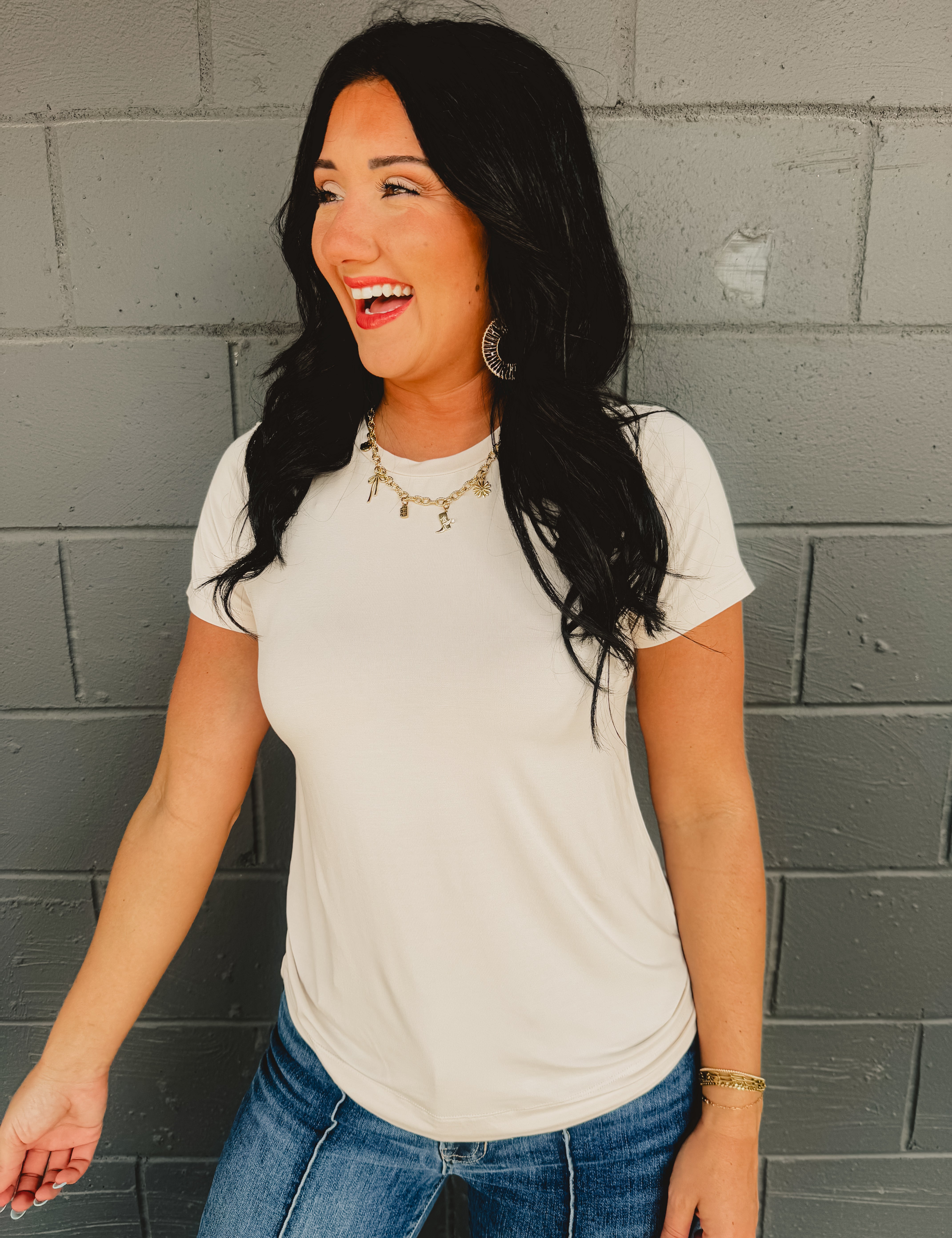 Short sleeved round neck super soft basic top in natural.