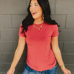 Super soft short sleeve crew round neck basic top in poppy.