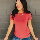 Super soft short sleeve crew round neck basic top in poppy.