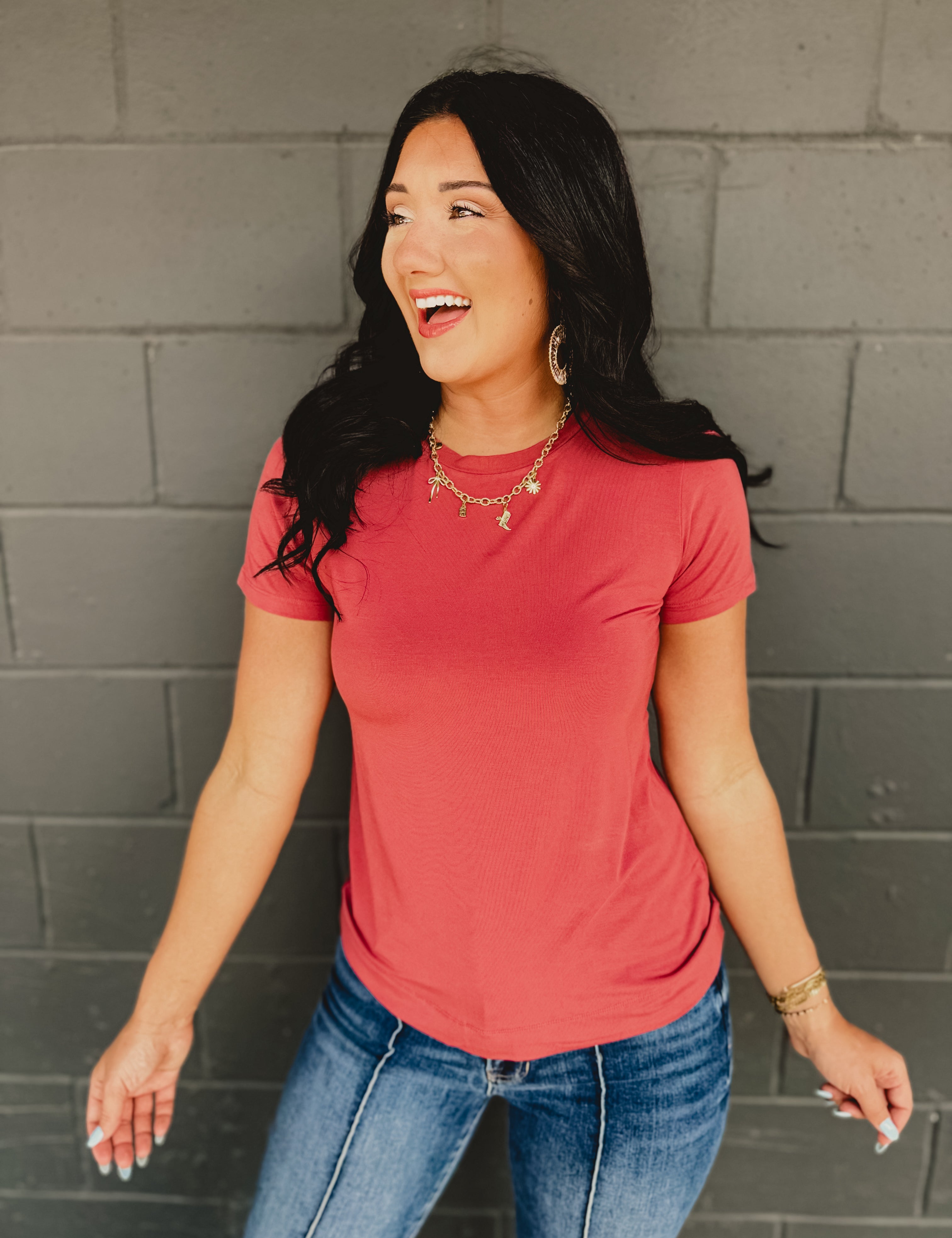 Super soft short sleeve crew round neck basic top in poppy.