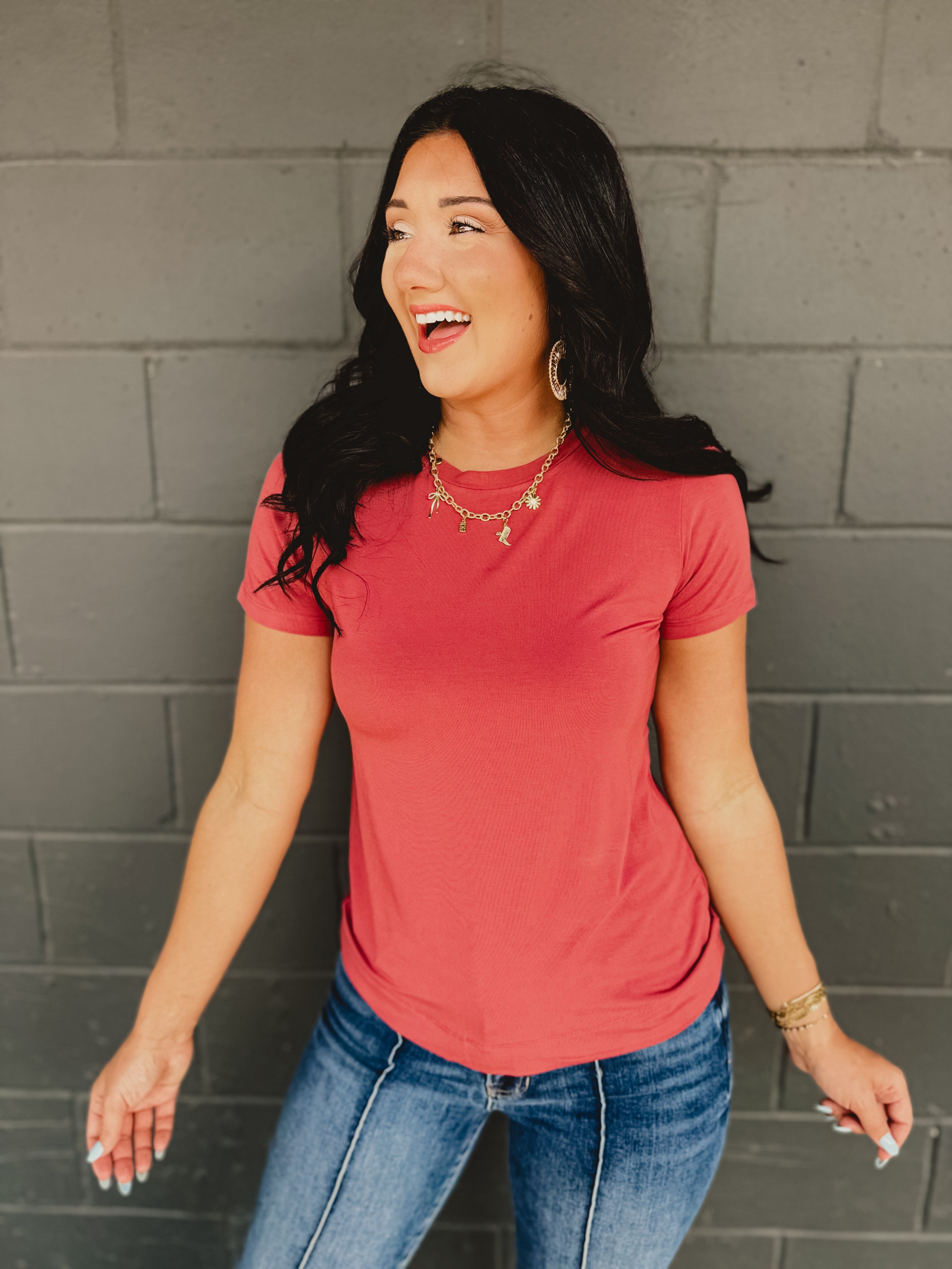 Super soft short sleeve crew round neck basic top in poppy.