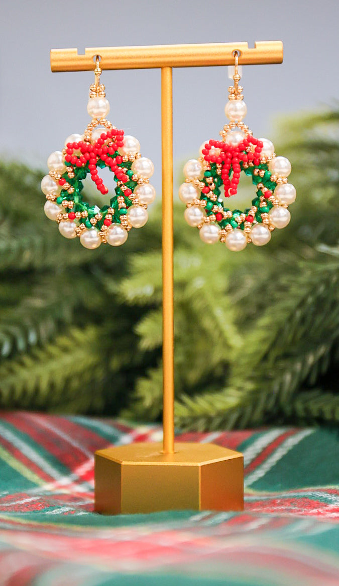 Beaded pearl detail wreath drop earrings.