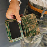Green leather compact card holder made by Bedstu.
