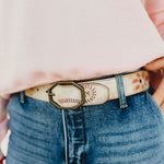 Bedstu Upswing II leather belt with floral cutout detail and embroidery stitching in nectar lux blush rustic.