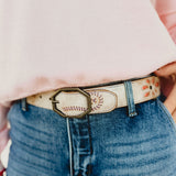 Bedstu Upswing II leather belt with floral cutout detail and embroidery stitching in nectar lux blush rustic.