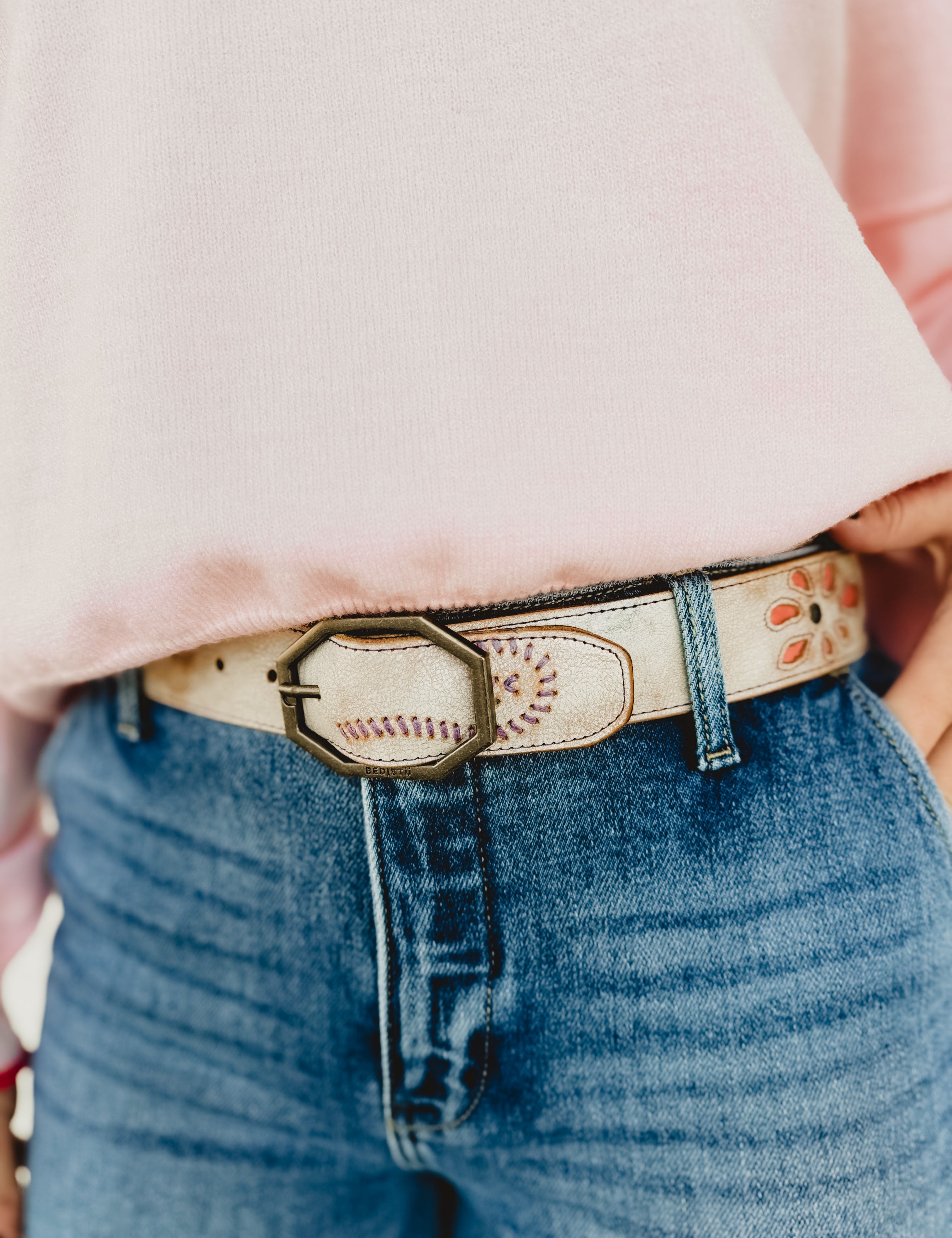 Bedstu Upswing II leather belt with floral cutout detail and embroidery stitching in nectar lux blush rustic.