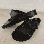Water friendly Birkenstock EVA Arizona sandals with adjustable foot straps in black.