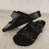 Water friendly Birkenstock EVA Arizona sandals with adjustable foot straps in black.