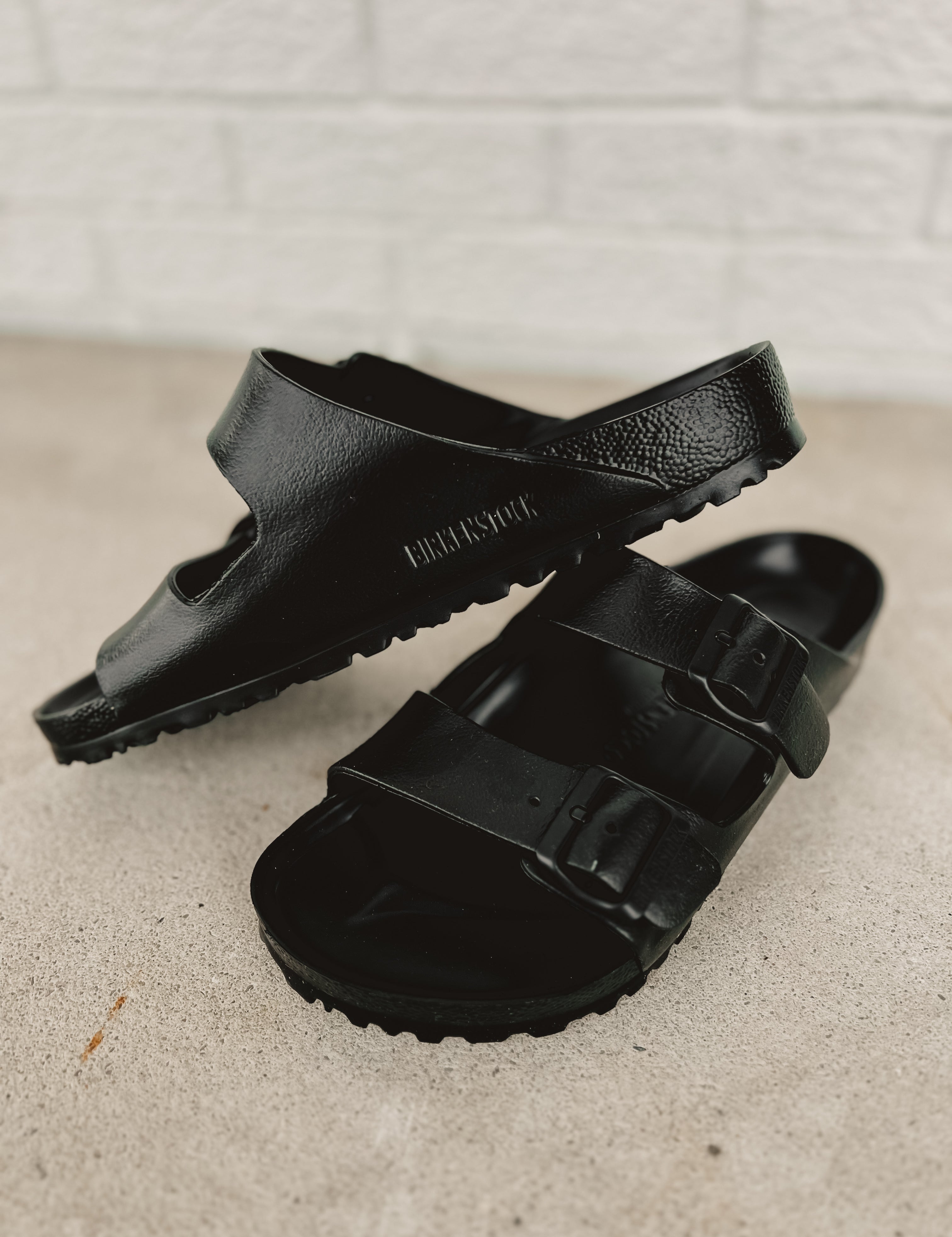 Water friendly Birkenstock EVA Arizona sandals with adjustable foot straps in black.