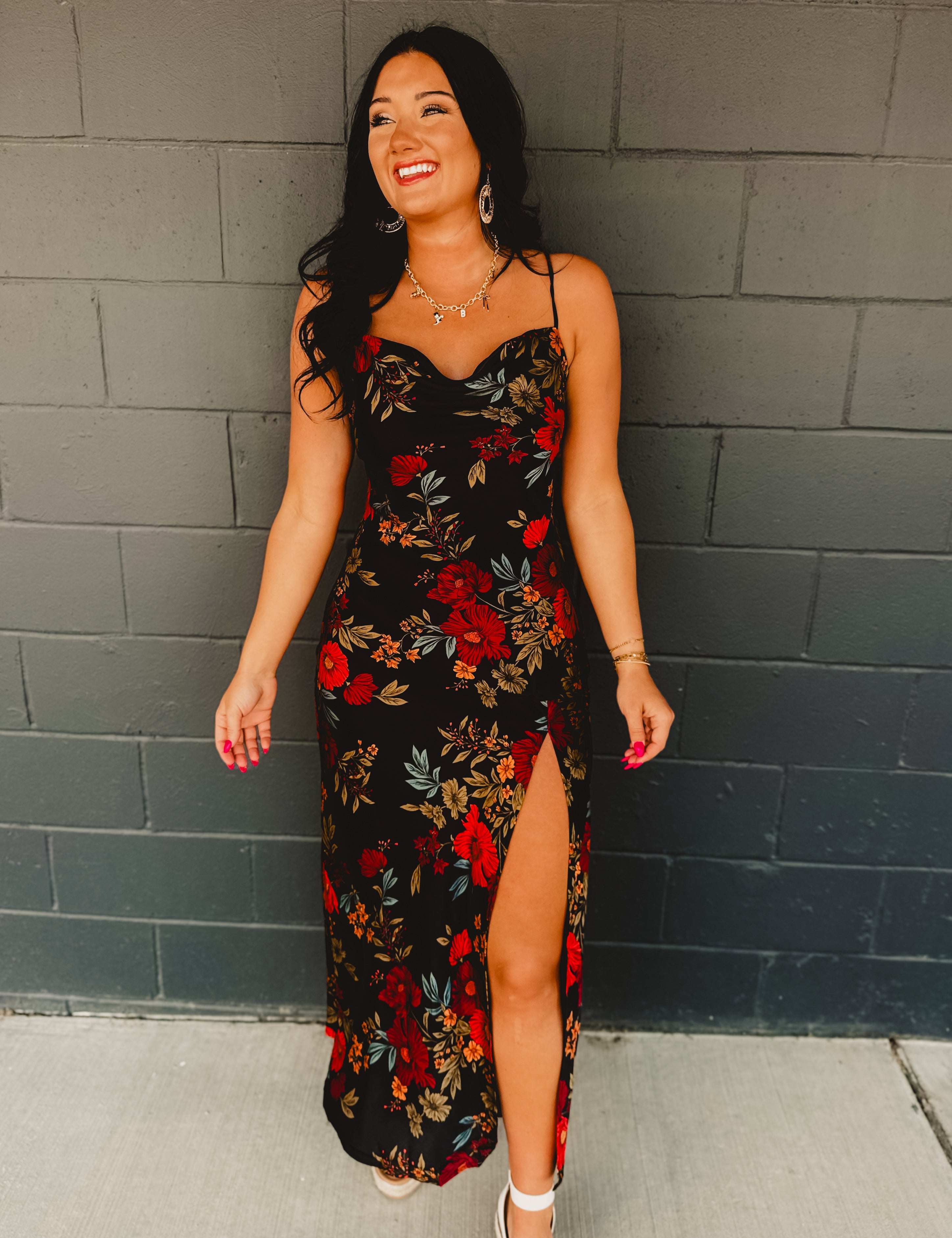 Soft black satin dress with a silky feel and elegant floral print - romantic, graceful, and perfect for any elevated occasion.