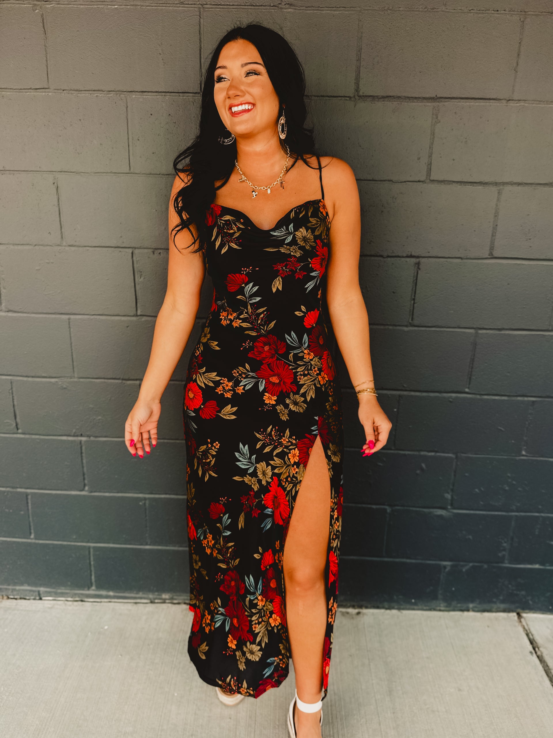 Black Satin Floral Dress