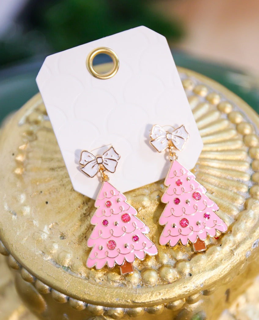 Pink bow and Christmas tree drop earrings.