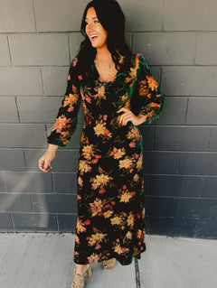 Velvet long sleeve floral printed maxi dress.