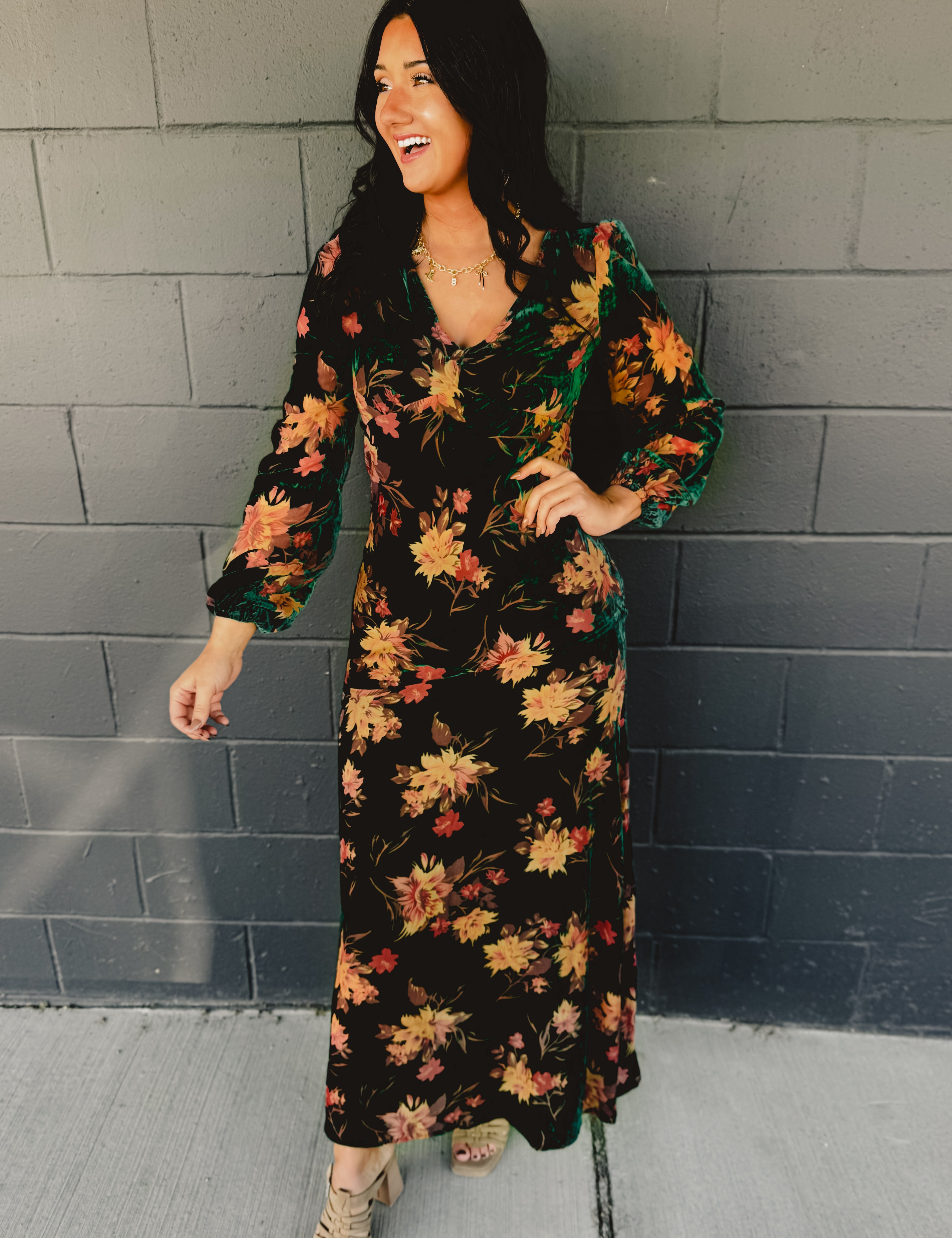 Velvet long sleeve floral printed maxi dress.