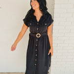 Button down short sleeve black midi dress with belt and front pockets.
