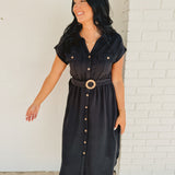 Button down short sleeve black midi dress with belt and front pockets.