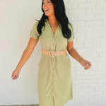 Olive green button down midi dress with v-neck, rolled short sleeves, and  belt fro the waist.