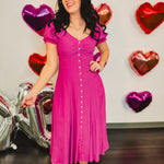 Button down sweetheart neckline maxi dress in electric fuchsia.