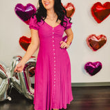 Button down sweetheart neckline maxi dress in electric fuchsia.