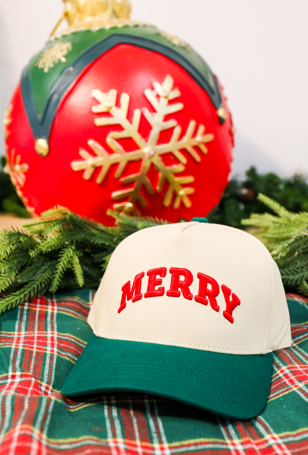 Merry embroidered two-tone baseball cap.