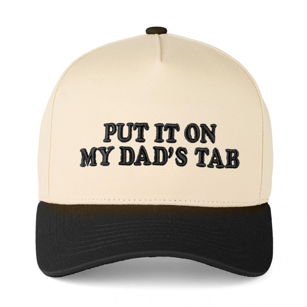 Two tone adjustable snap back closure one size fits most baseball cap that reads "Put it On My Dad's Tab."