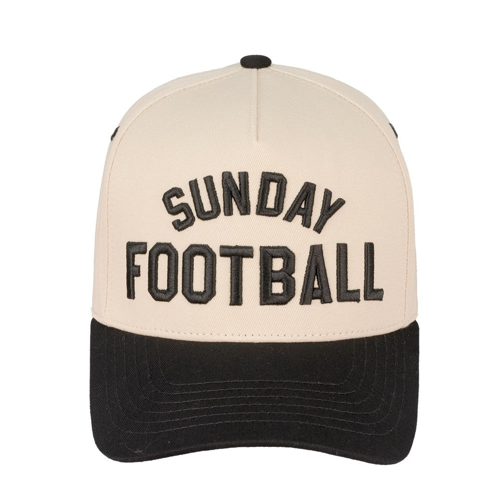 "Sunday Football" embroidered two-tone trucker hat in beige/black.