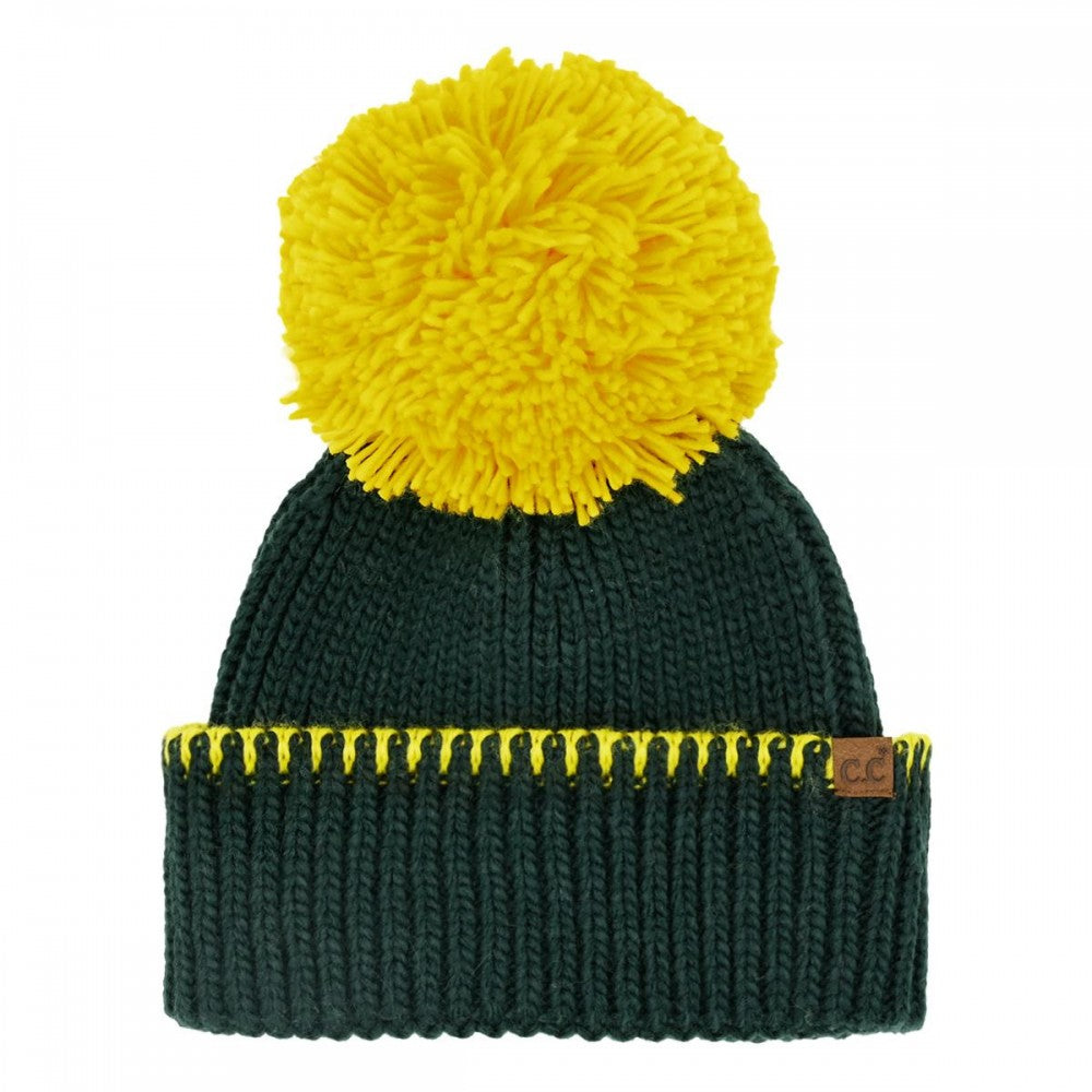 Green and gold pom beanie.