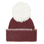 Maroon and white pom beanie.