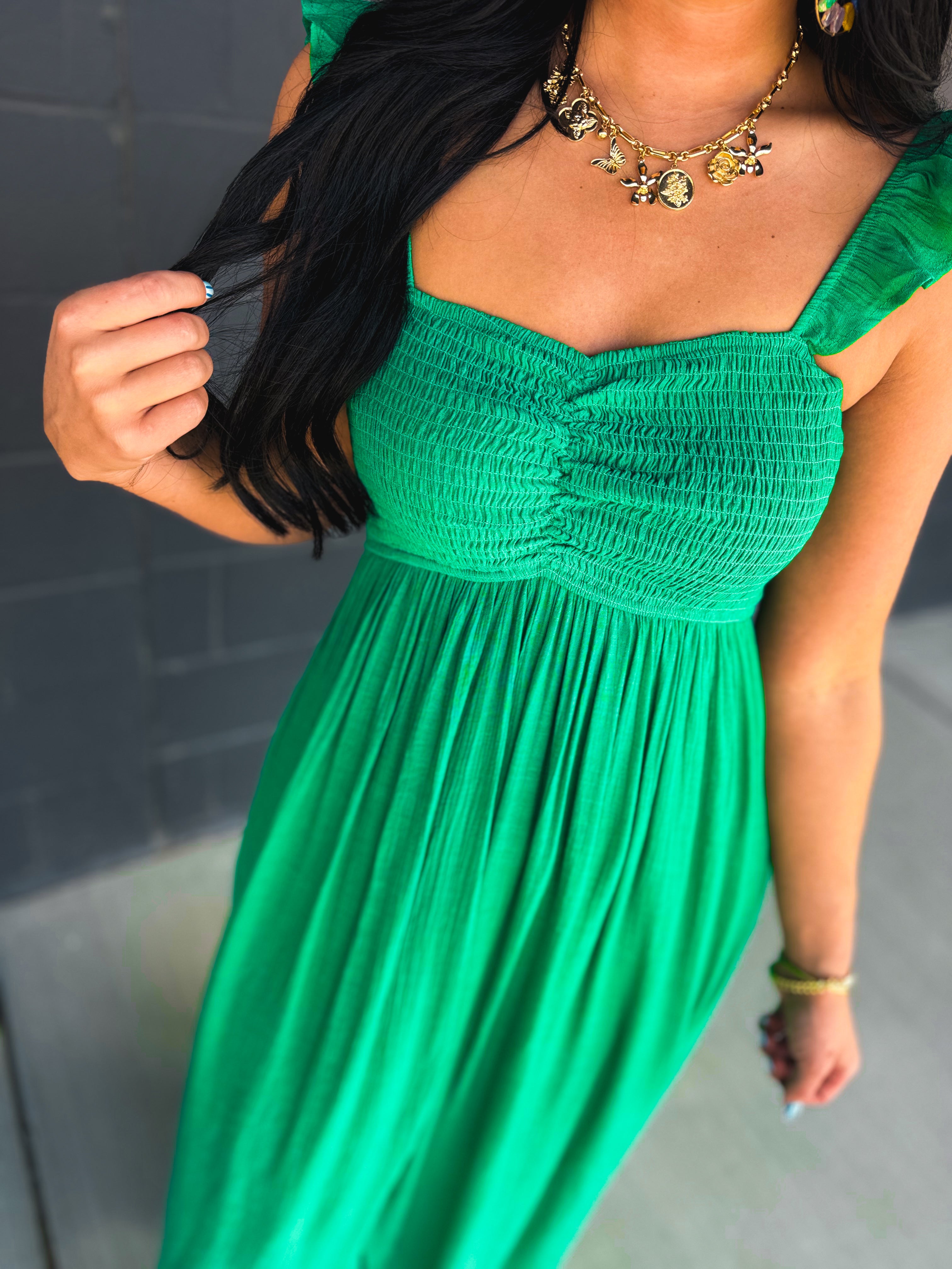 Ruffle Sleeve Front Slit Maxi Dress - Green - Lace and Grace Boutique