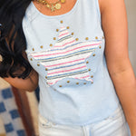 POL Star Patch Stud Detail Ribbed Tank Top - Light Blue - Lace and Grace Boutique