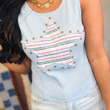 POL Star Patch Stud Detail Ribbed Tank Top - Light Blue - Lace and Grace Boutique