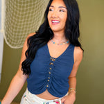 Ruched Bead Detail Tank Top - Navy - Lace and Grace Boutique