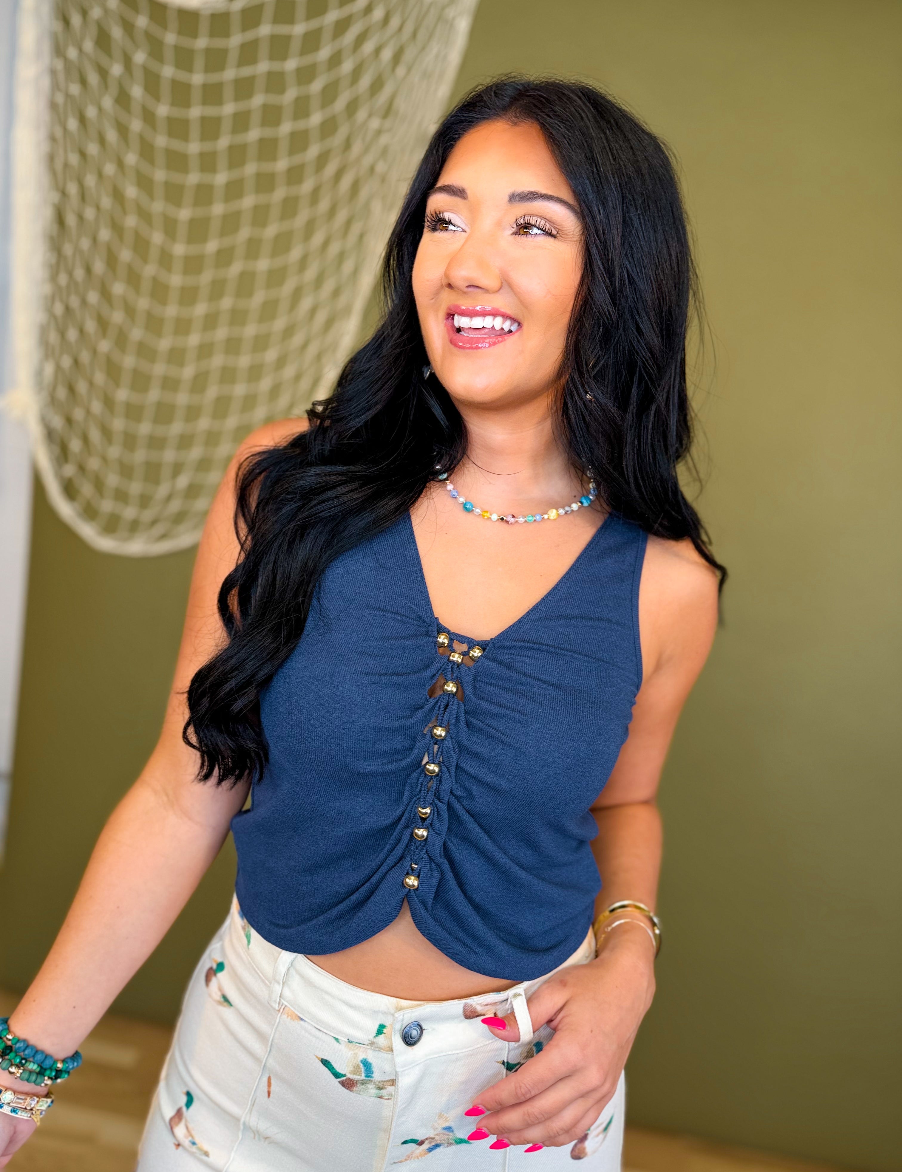 Ruched Bead Detail Tank Top - Navy - Lace and Grace Boutique