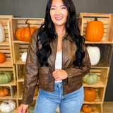 Faux Leather Zippered Utility Jacket - Brown