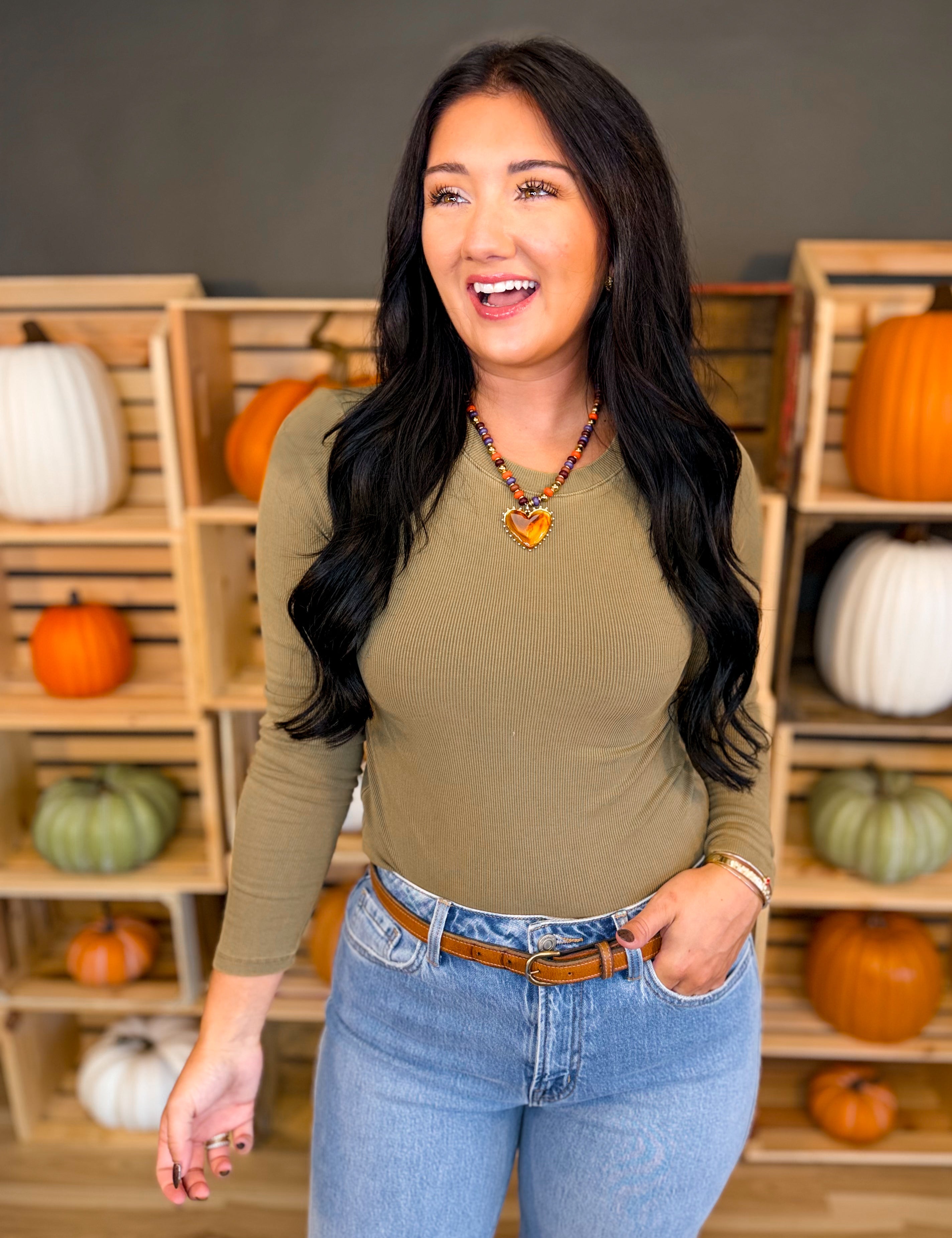 Basic Ribbed Crewneck Long Sleeve Top - Dark Olive - Lace and Grace Boutique