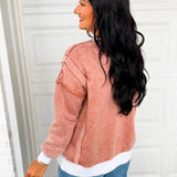Fleece Acid Wash Contrast Trim Pullover - Rust