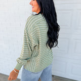 Striped Ribbed Contrast Pullover - Dusted Olive