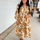 Fall Floral Printed Long Sleeve Midi Dress - Sand Multi