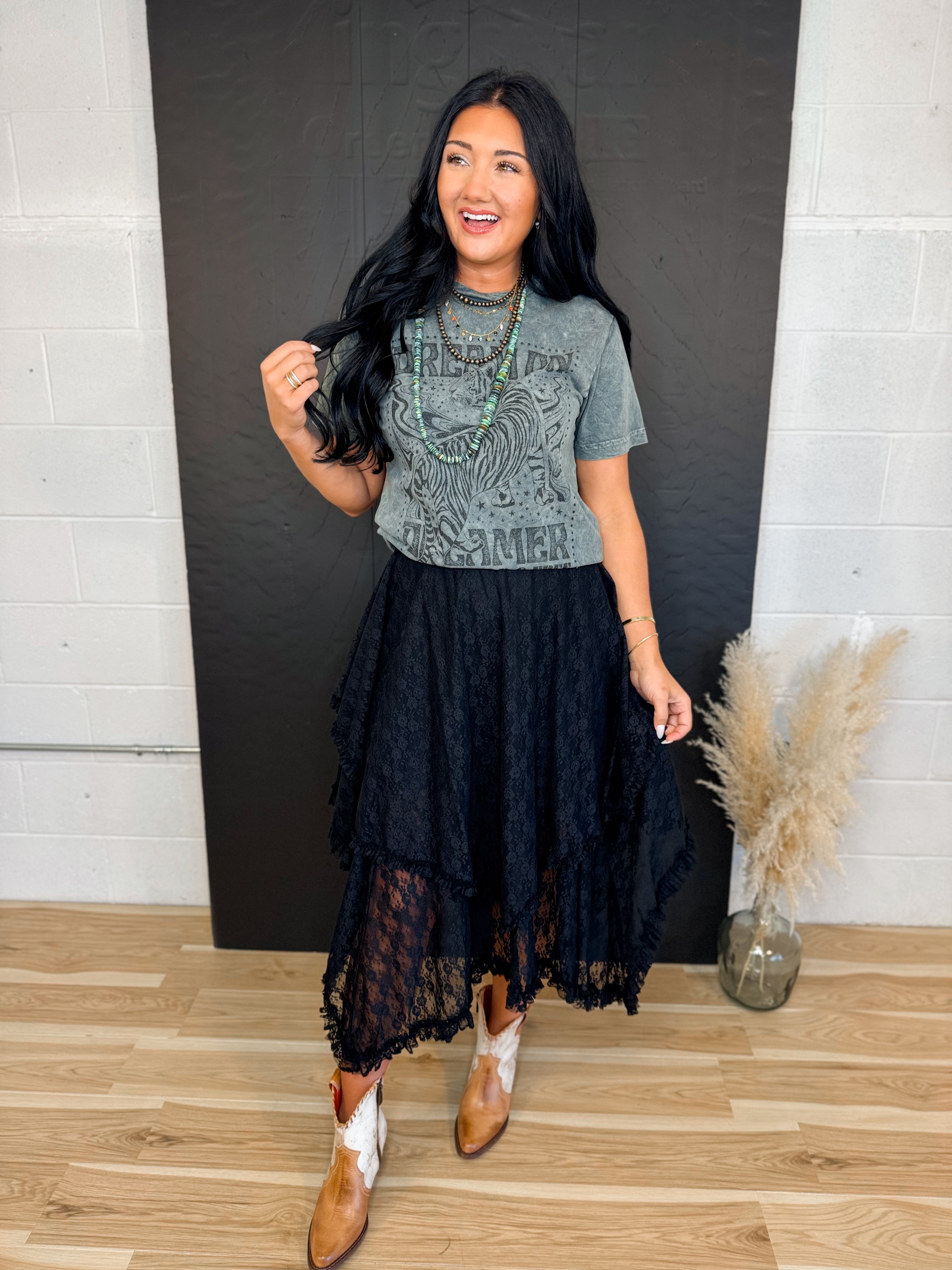Lace Tier Midi Skirt - Black - Lace and Grace Boutique