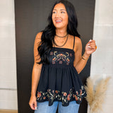 Floral Embroidered Peplum Tank Top - Black - Lace and Grace Boutique