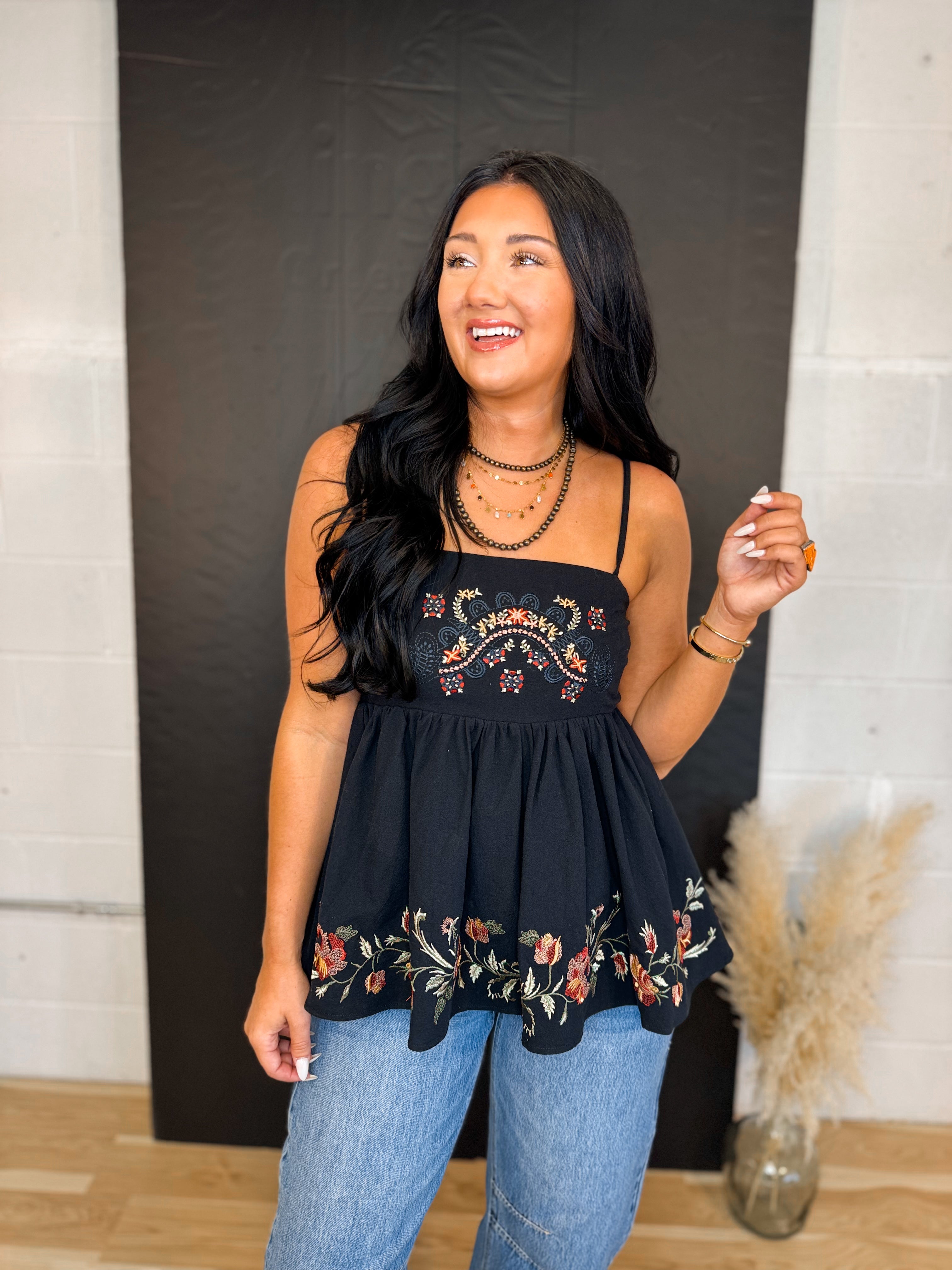 Floral Embroidered Peplum Tank Top - Black - Lace and Grace Boutique