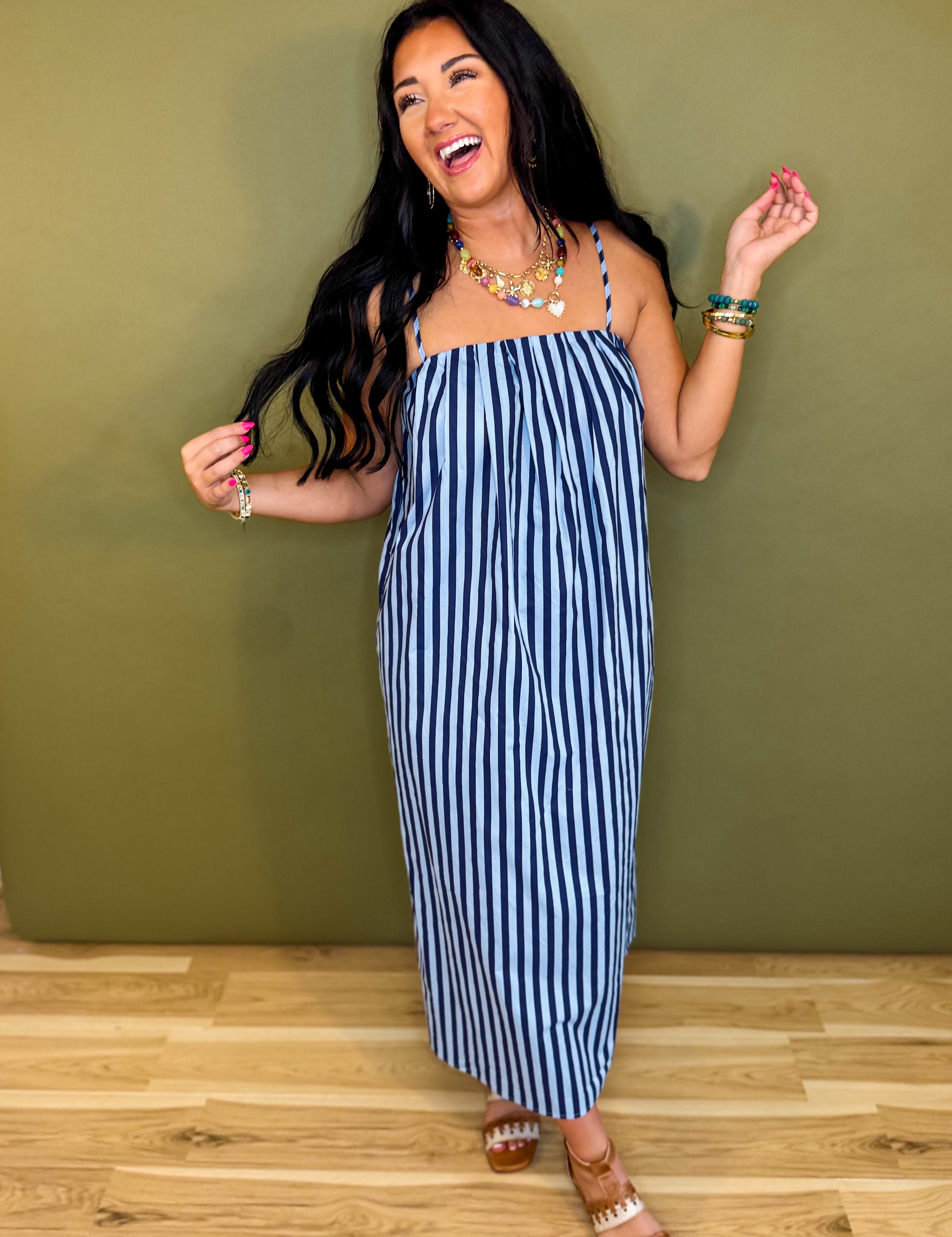 Striped Midi Dress - Blue/Navy - Lace and Grace Boutique