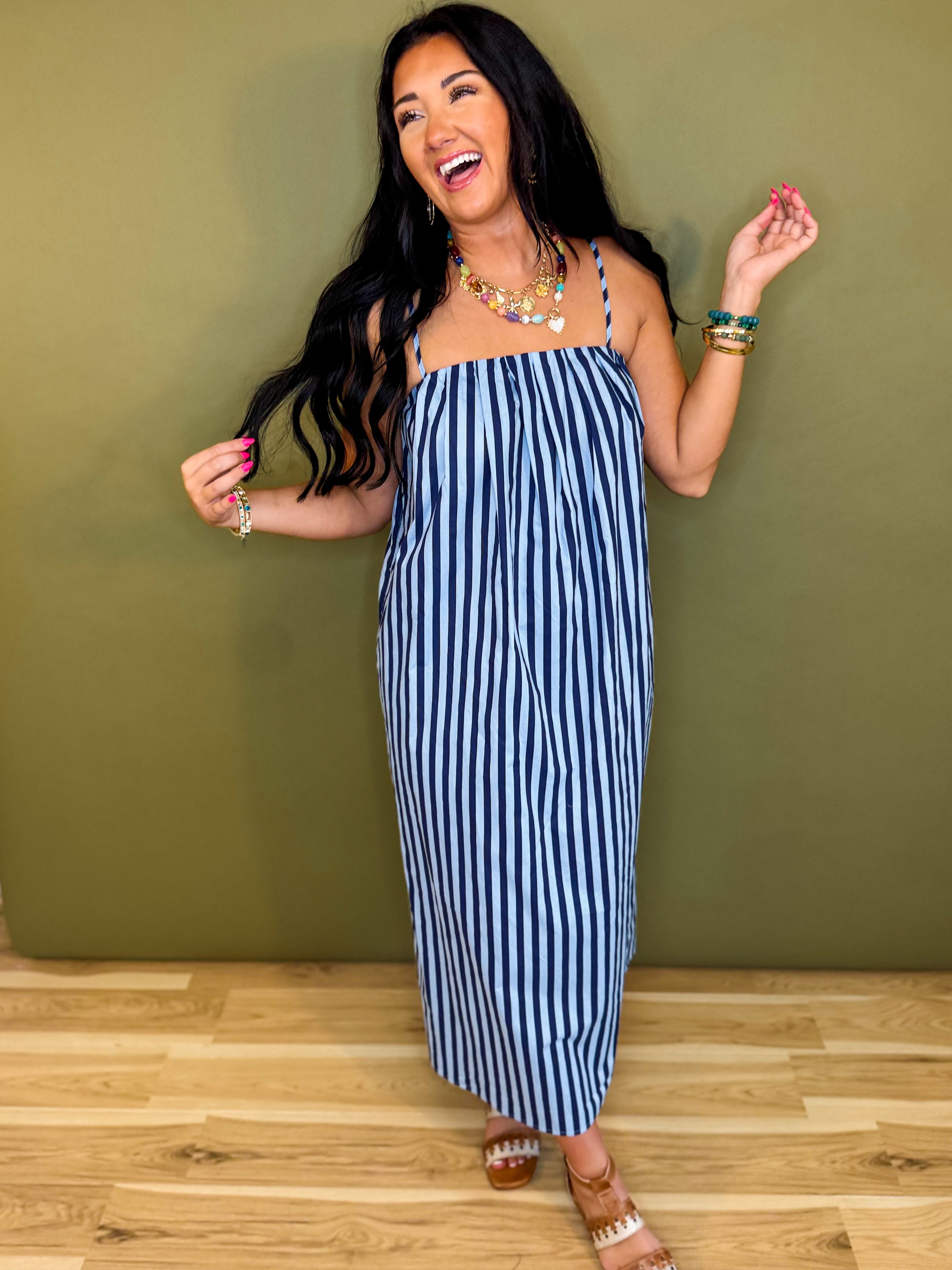 Striped Midi Dress - Blue/Navy - Lace and Grace Boutique